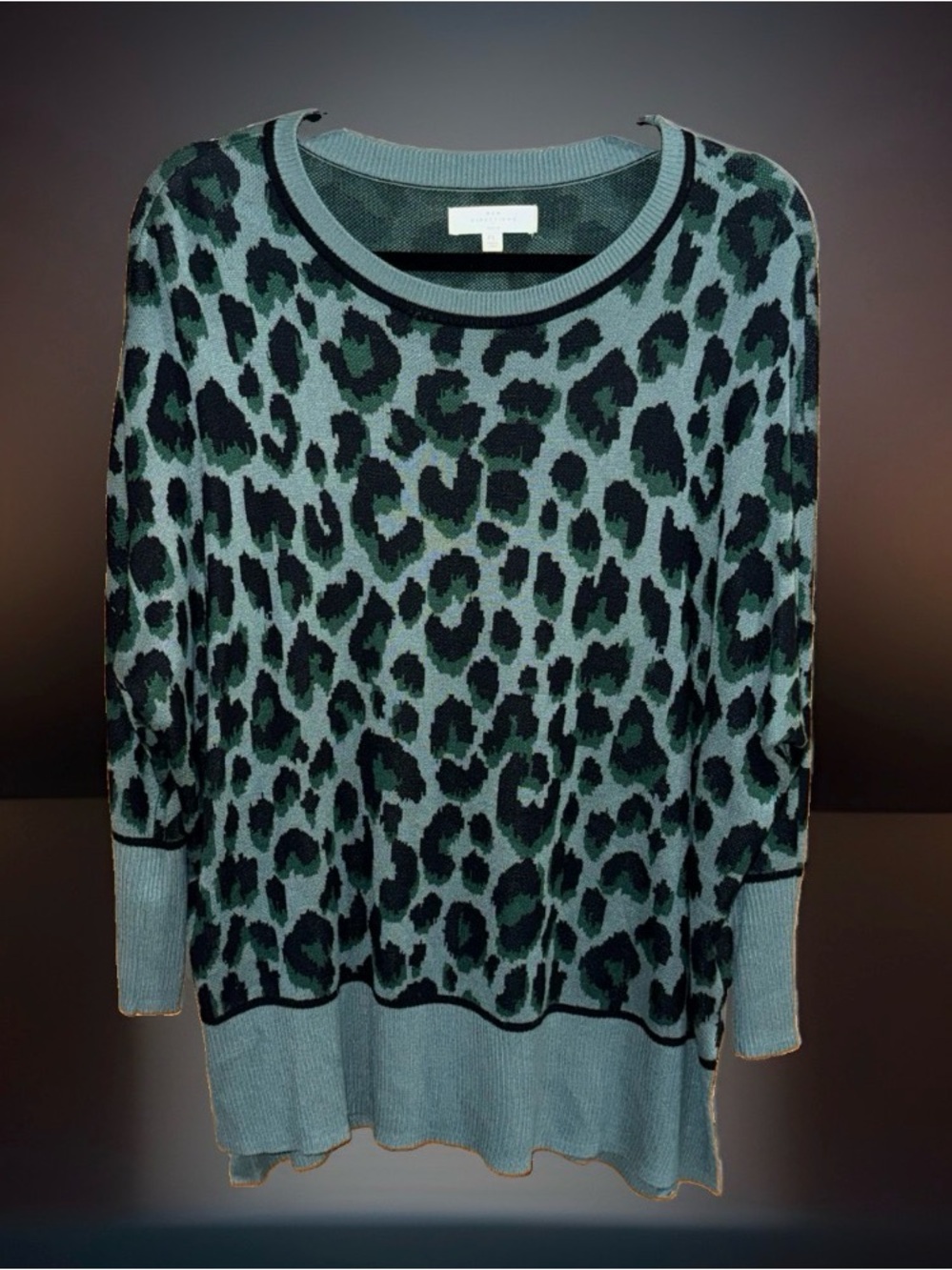 new directions Muted Teal and Black Leopard Crewneck Sweater-PL-EC